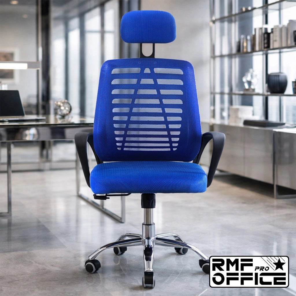 RMF Sedia Ufficio Ergonomica Professionale Reclinabile, Sedia Scrivania in Rete con Seduta Comoda e Rilassante - Poltrona Relax Ufficio con Ruote Girevoli Altezza Regolabile BLU