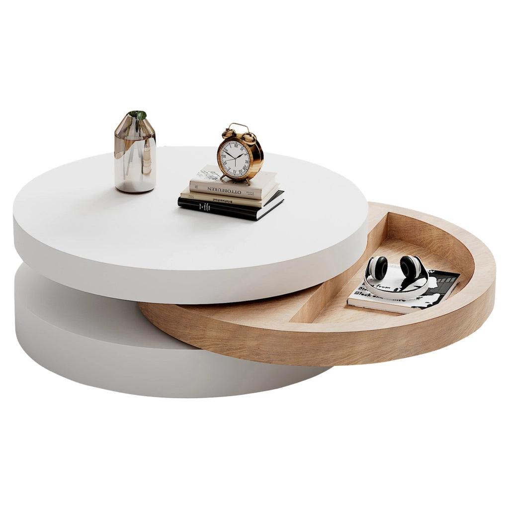 Tavolino da Salotto Girevole a 360 Gradi Bianco e Legno 60x60 cm