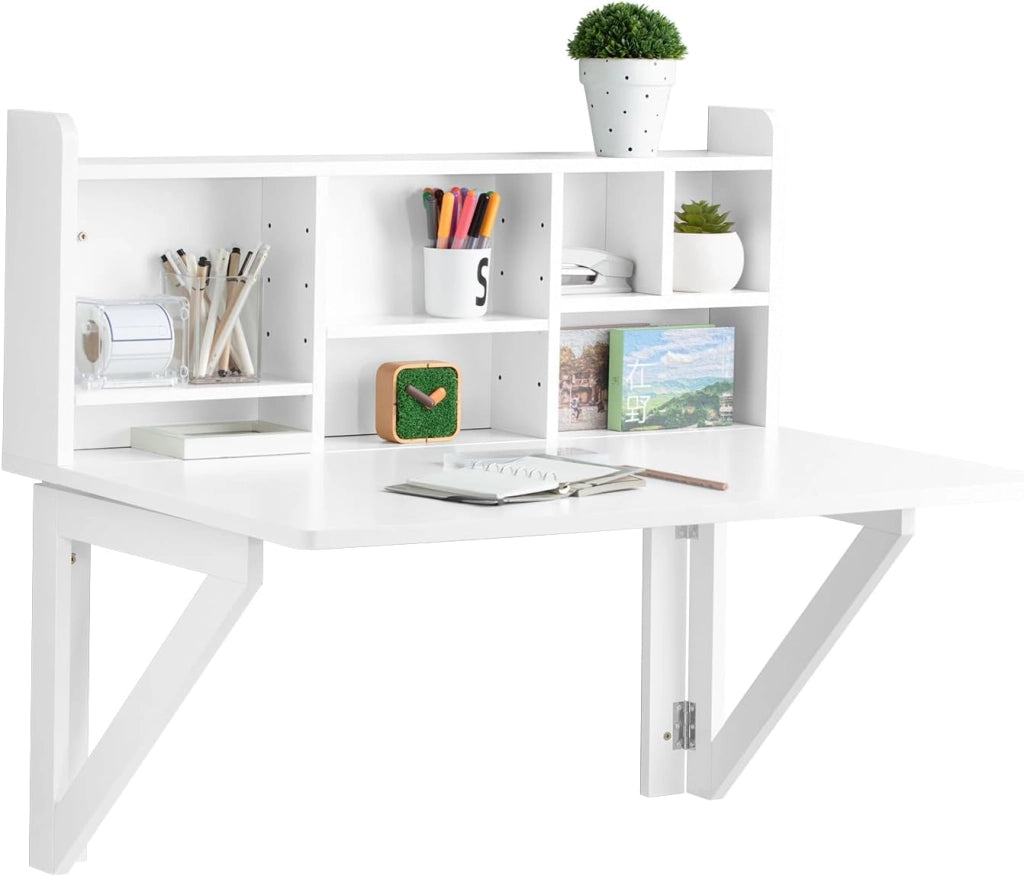 tavolo pieghevole da parete con mensola salvaspazio per cucina piccola e studio, consolle da pranzo a scomparsa bianca 90x60 cm, dimensioni ca. 90x78x60 cm FWT07-II-W