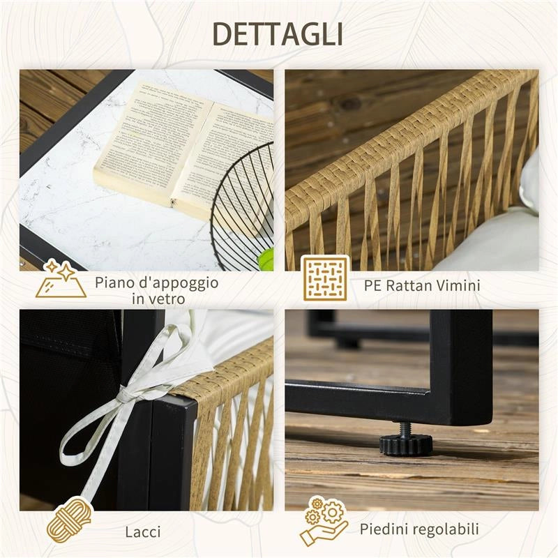 SET DA GIARDINO 4 PEZZI IN RATTAN CON DIVANETTO 2 SEDIE E TAVOLINO DA CAFFÉ NERO MARRONE E CREMA