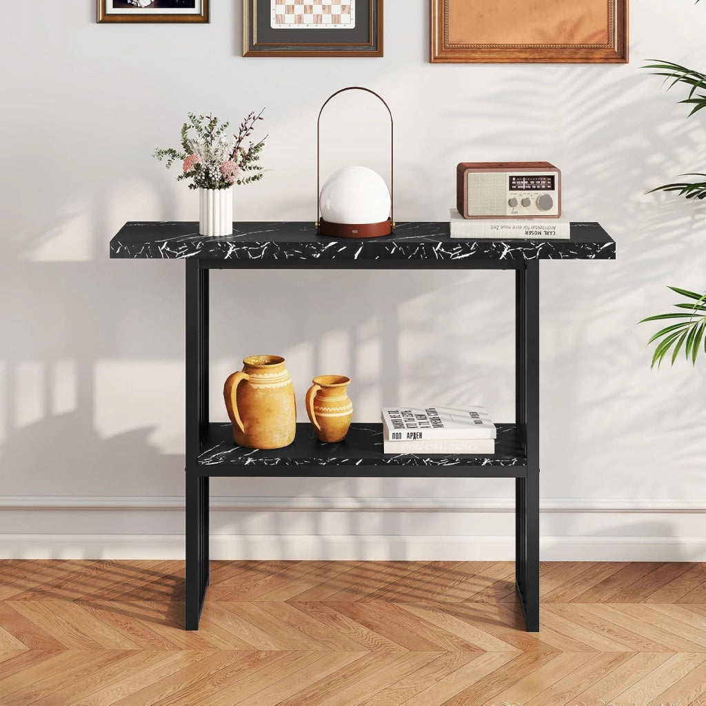 Tavolo Console da ingresso, 120 x 29,5 x 92,5 cm, piano in finto marmo e telaio in metallo, tavolino ausiliario con 2 ripiani, risparmio di spazio, tavolo da soggiorno, corridoio (nero)