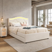 Letto imbottito 90x200 cm con rete a doghe, LED, 2 cassetti, testiera regolabile, beige