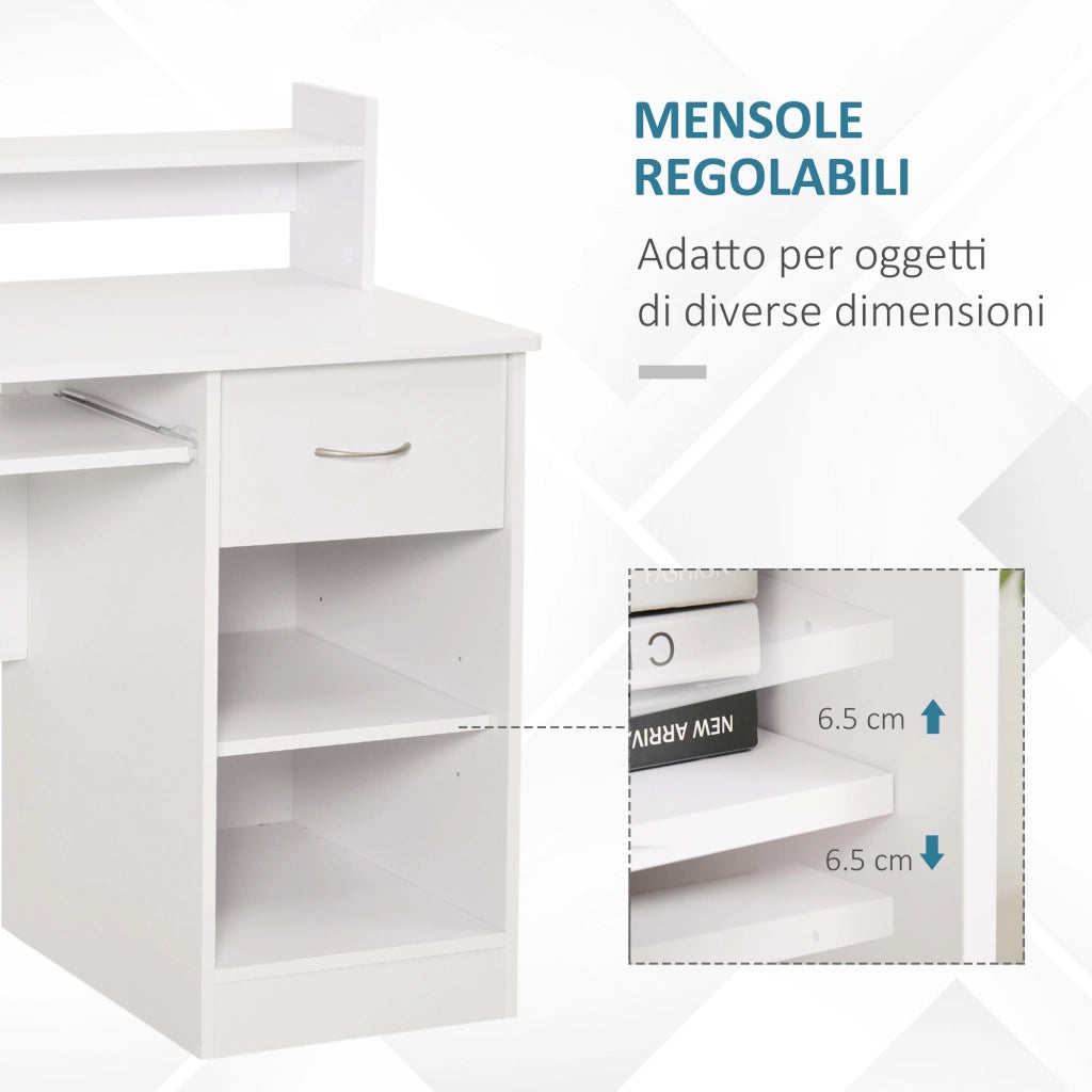 Scrivania per Computer Compatta in Legno Bianco con Ripiano Tastiera e Mensole ¨C zephmum ¨C 104x48x95.5cm