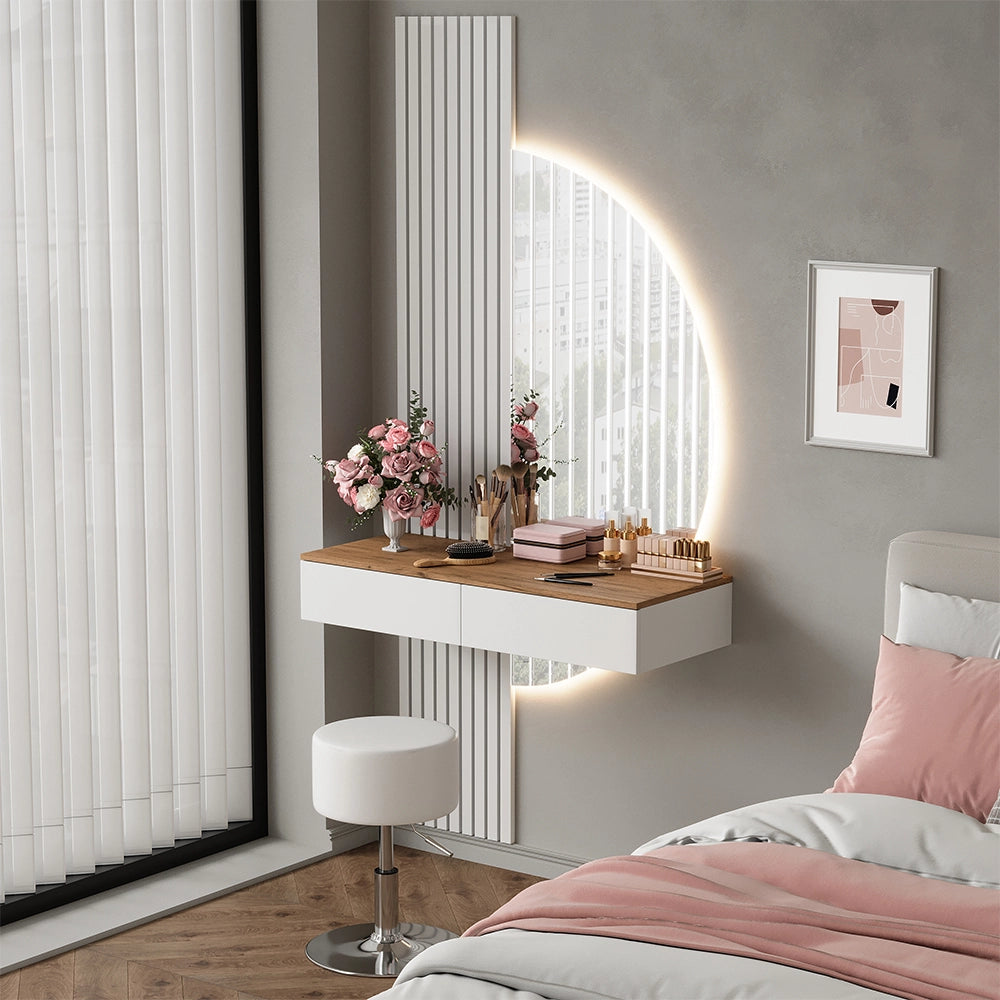 Vicco Tavolo da toeletta Bianco/quercia 100 cm con specchio LED e sgabello