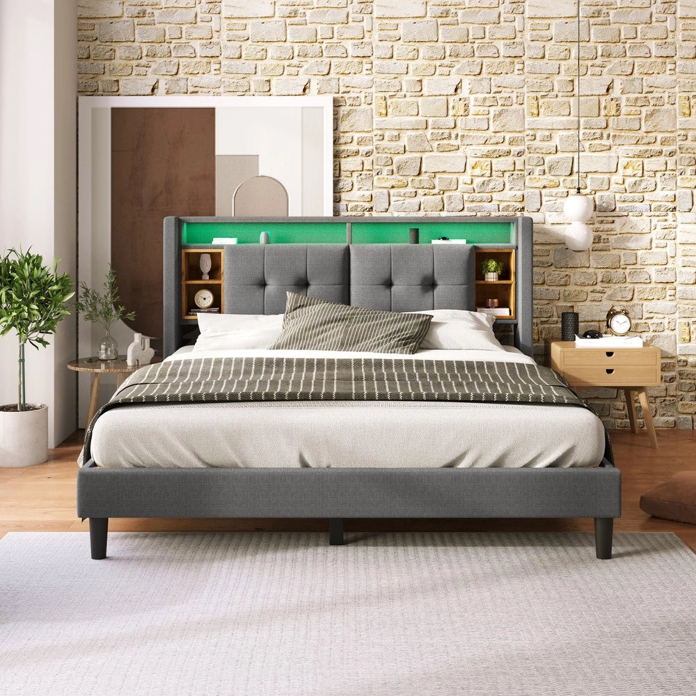 Letto Contenitore Matrimoniale Imbottito con LED e USB ¨C MINIMAL ¨C Grigio 140x200, Rete a Doghe in Legno