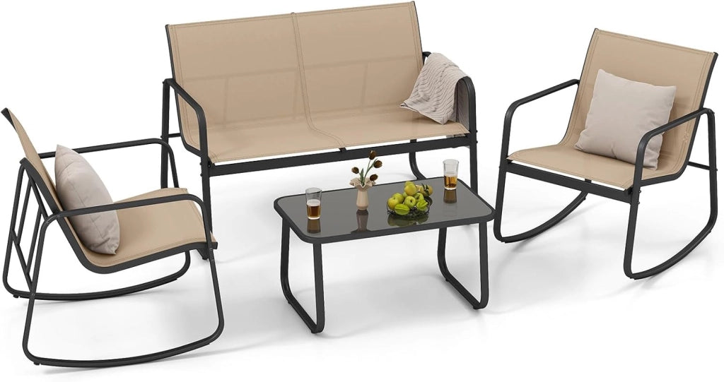 Set da Giardino 4 Pezzi in Tessuto Textilene, Set da Bistrò da Patio, Set tavolo e sedie con Tavolino in Vetro, 2 Sedie e Divanetto a Dondolo, per Giardino Coltile (Nero)