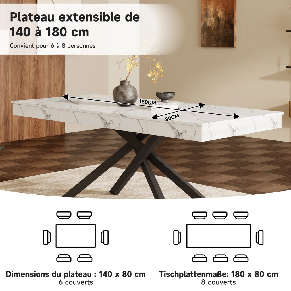 Tavolo da pranzo allungabile per 6-8 persone con piano da 93 mm; gambe incrociate; per sala da pranzo