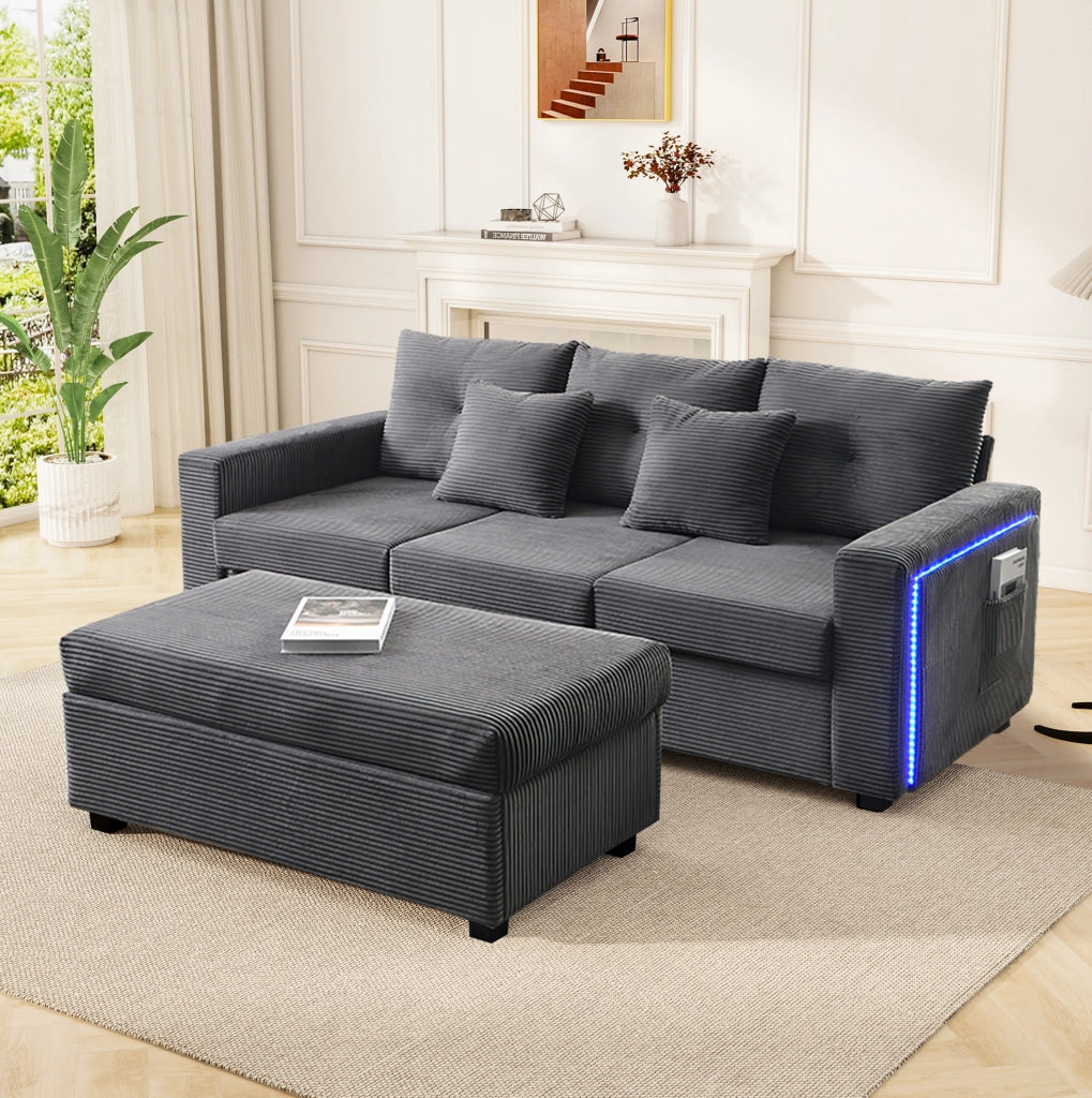 Divano modulare a L con illuminazione LED; ottomano multifunzione; in cord; grigio antico