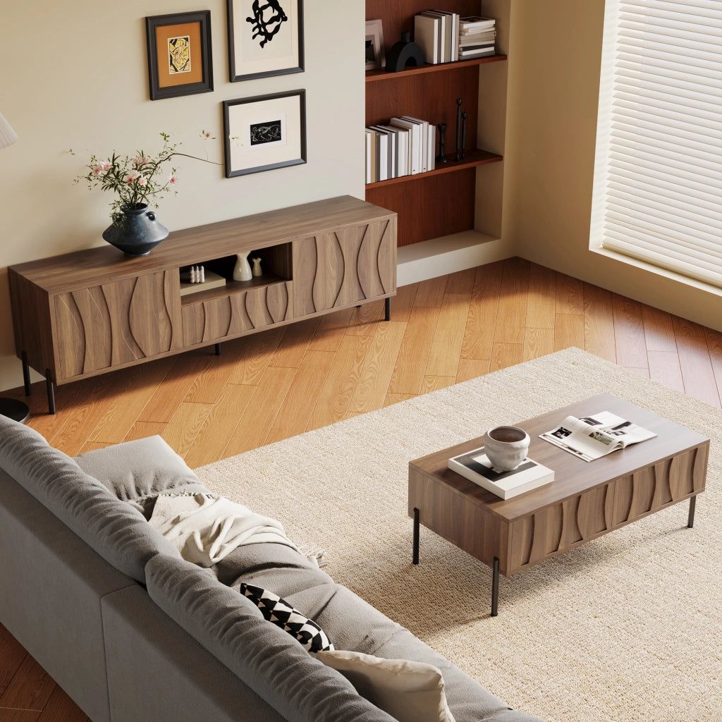 Set di Mobili da Soggiorno con 1 Mobile TV e 1 Tavolino da Caff??; Contenimento; Stile Wabi-Sabi; MDF; Legno Naturale