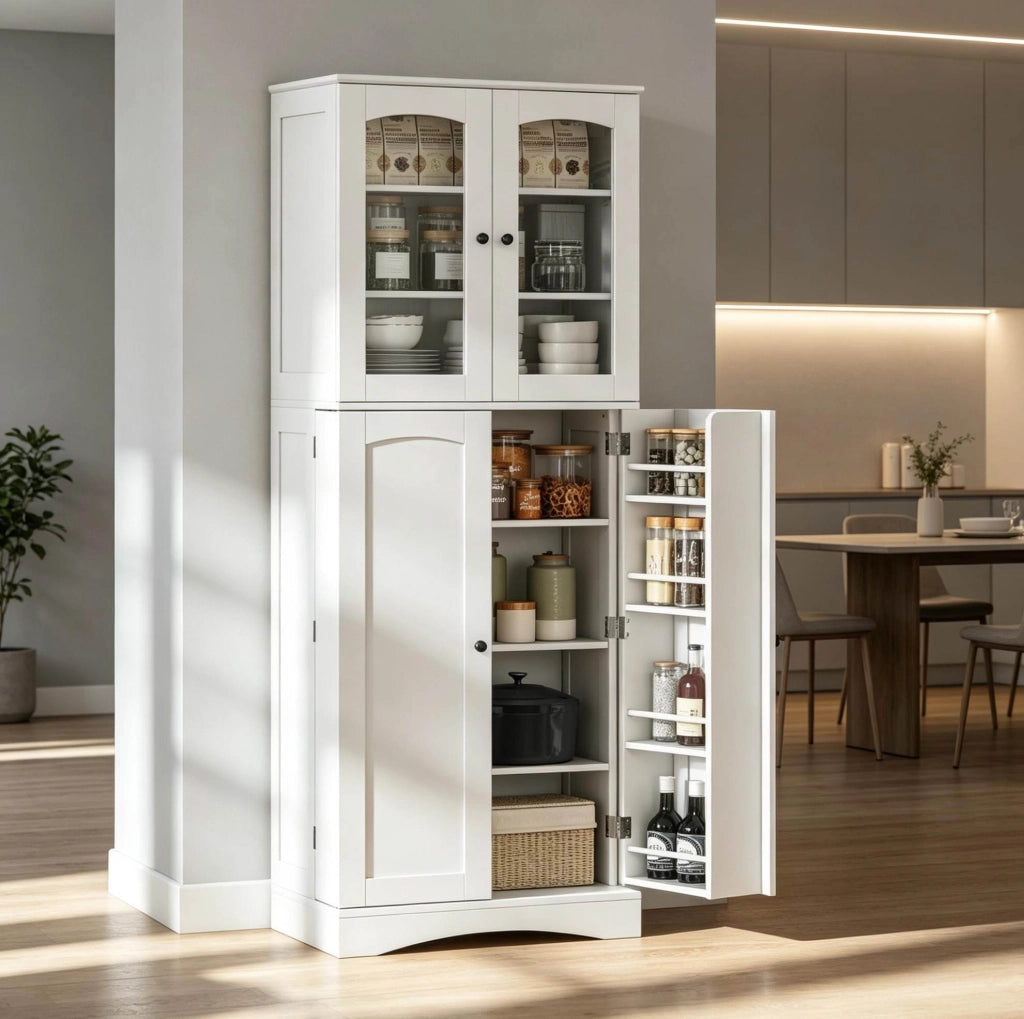 Sideboard elegante bianco con vetrina e ampio spazio contenitivo 60x40x162 cm
