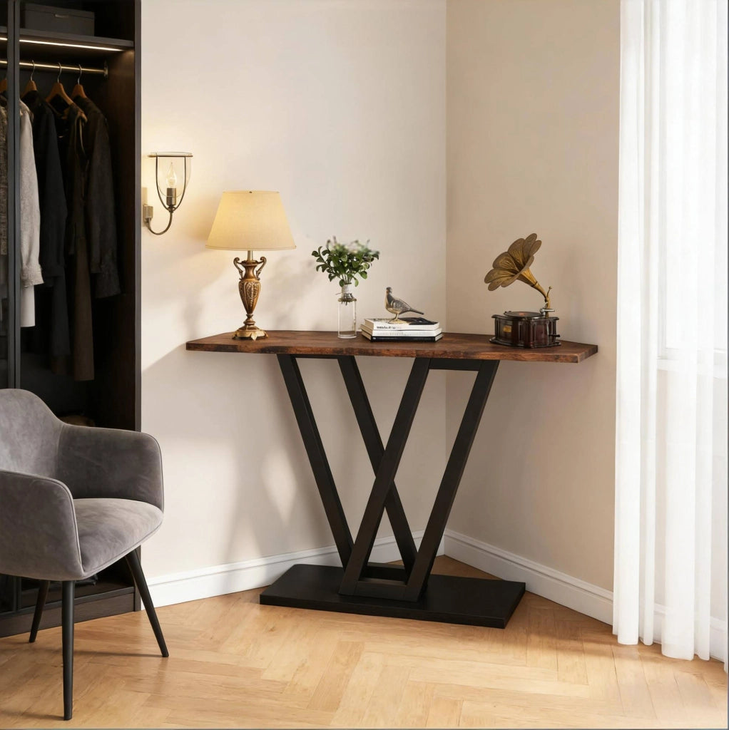 Tavolo consolle stretto 110 x 30 x 80 cm in MDF e metallo; nero e marrone rustico