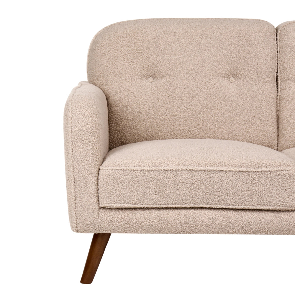Divano a due posti beige in bouclé con imbottitura a bottoni, gambe in rovere, divanetto a due posti, stile tradizionale, soggiorno
