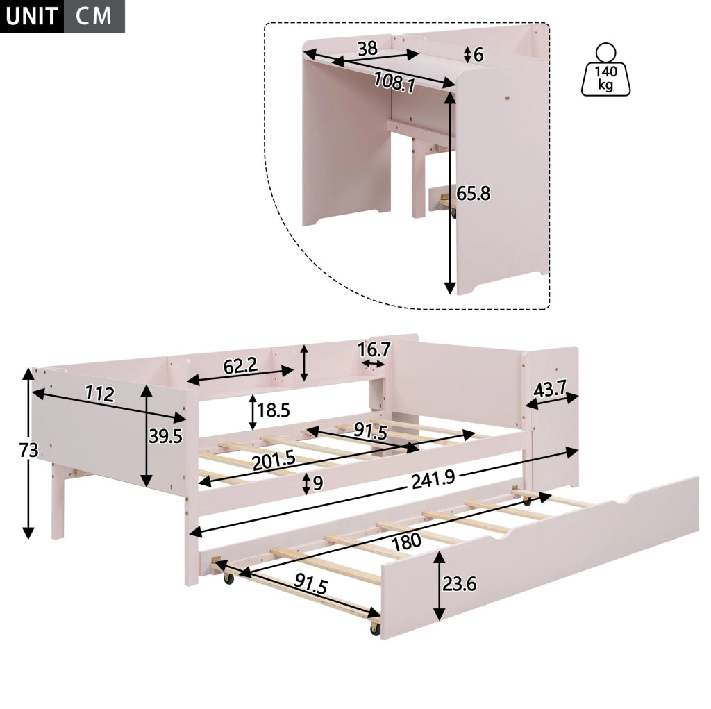 Letto per bambini 90x200 cm con letto estraibile; scrivania e ripiani; legno e MDF; rosa