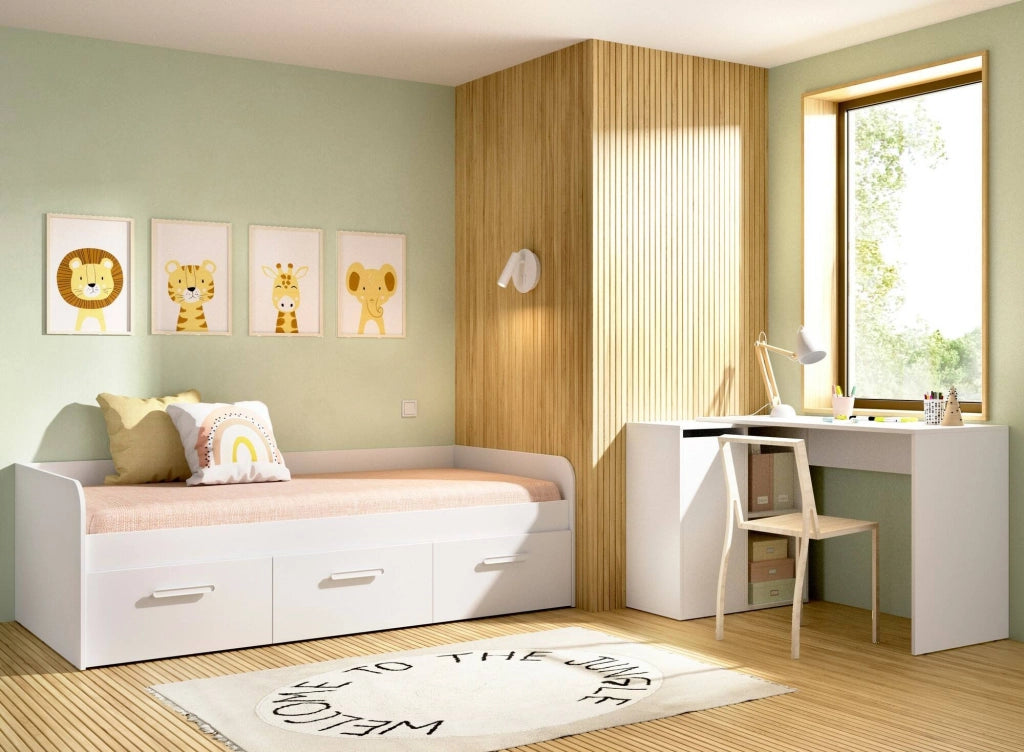 Letto per bambini Aco, Lettino contenitore per cameretta, Struttura per letto singolo con 3 cassettoni, 194x97h60 cm, Bianco