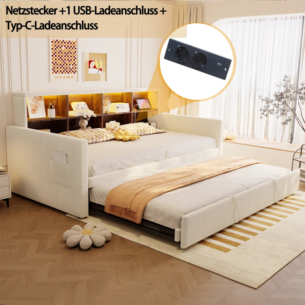 Letto pieghevole imbottito con LED e USB 90x190 cm velluto beige