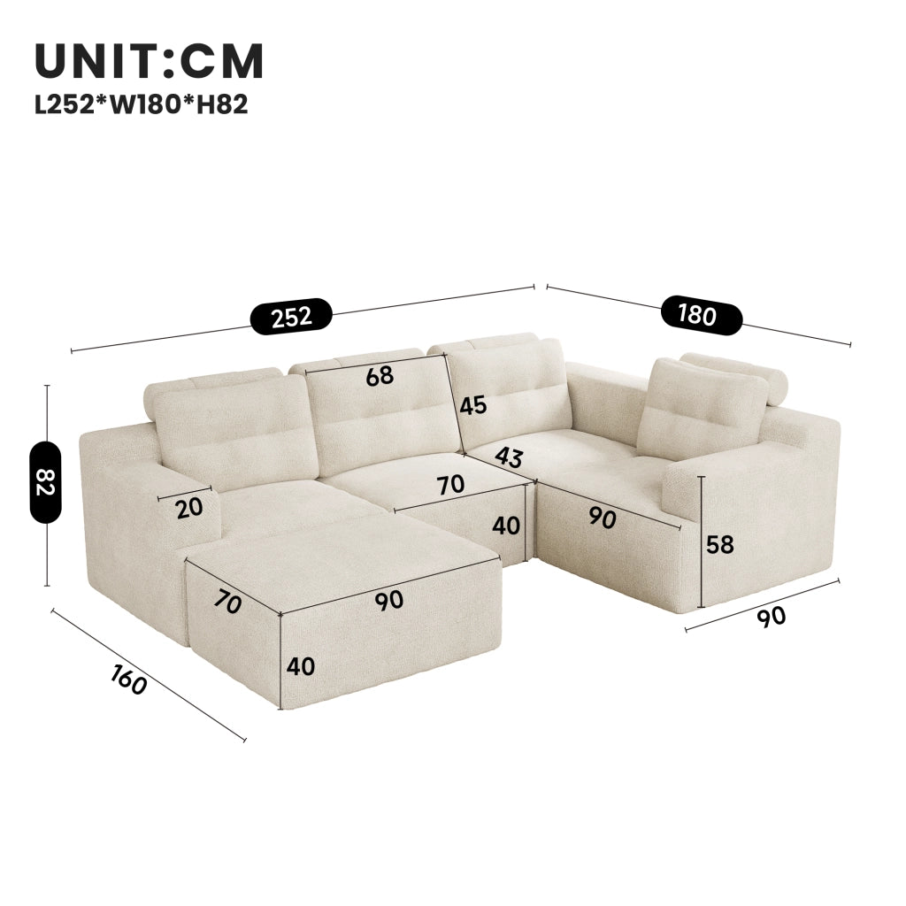 Divano modulare a U componibile con poggiatesta alto e pouf design senza telaio senza montaggio in chenille beige