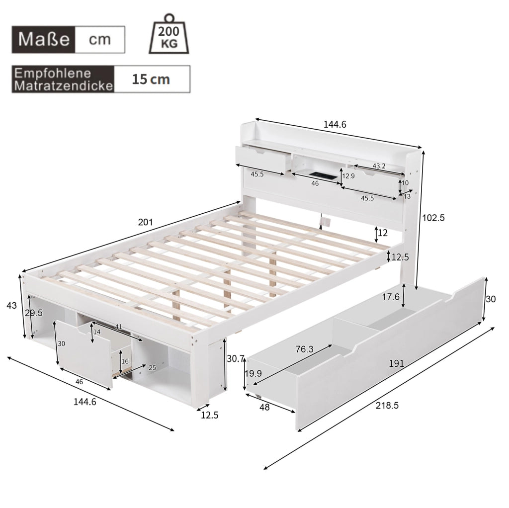 Letto matrimoniale 140x200 cm con USB; vani contenitore e cassetti; bianco