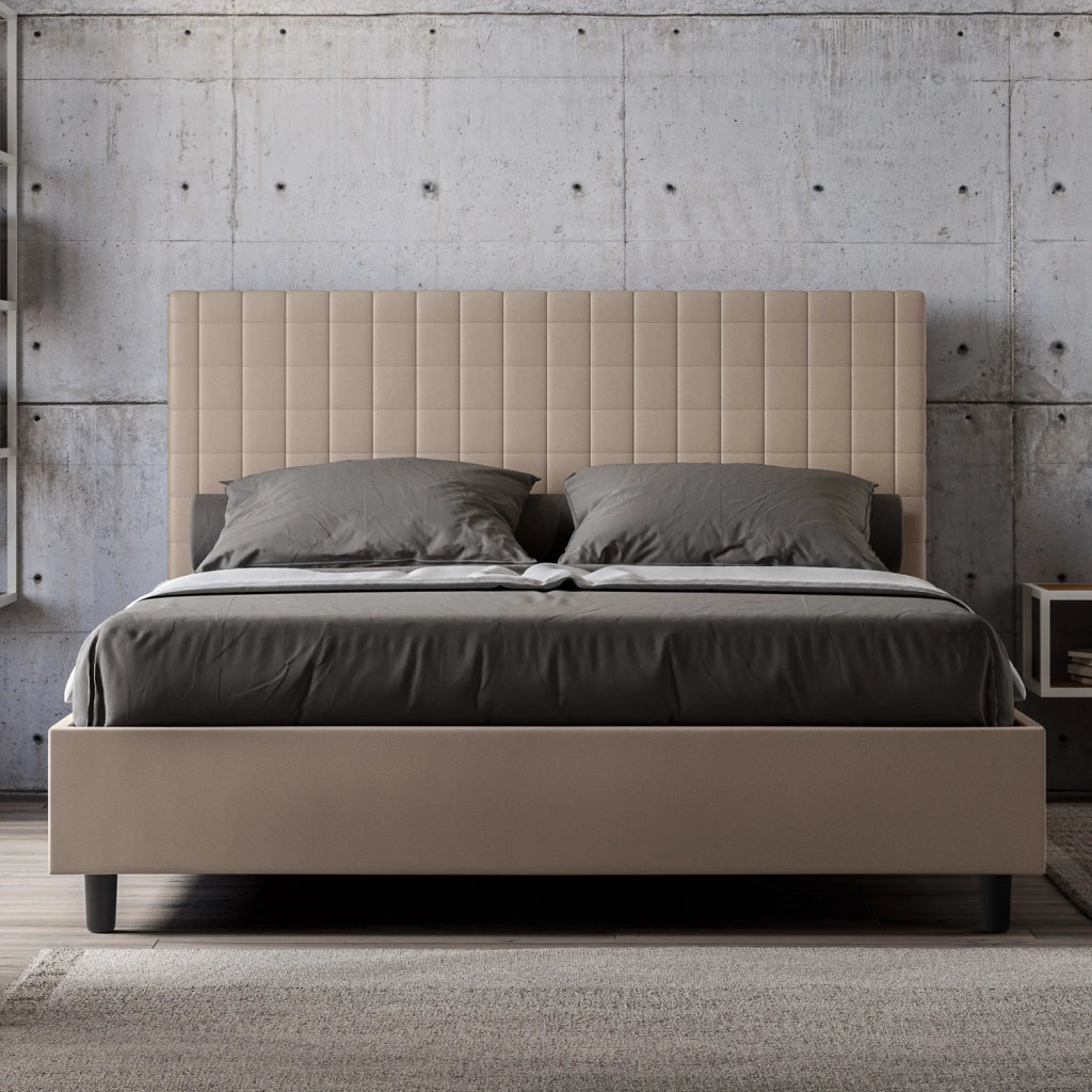 BS COM Letto queen size con rete imbottito 150x200 similpelle tortora