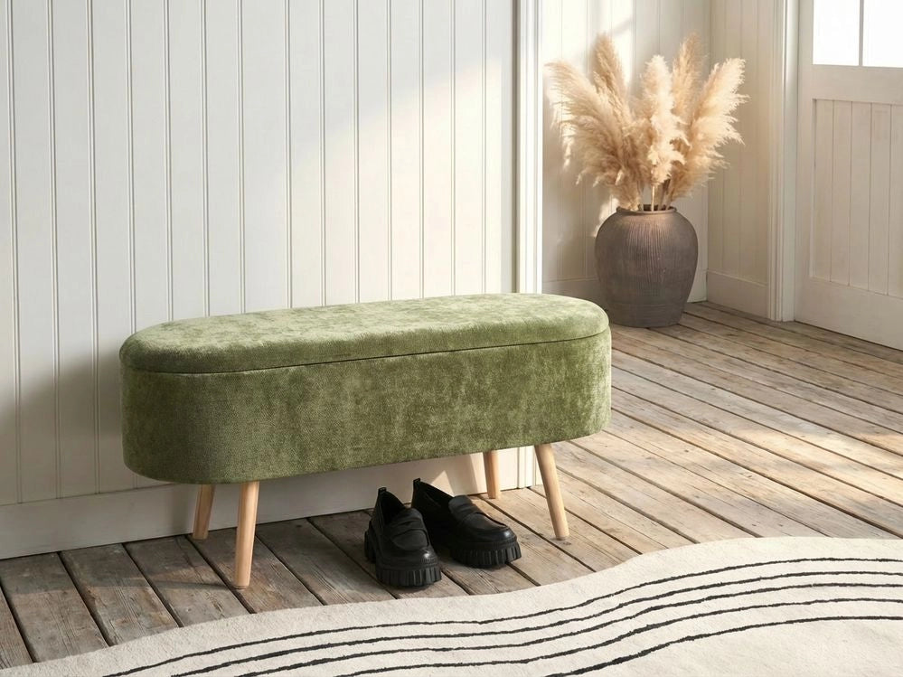 Panca in tessuto cinigliato verde con gambe in legno di pino e contenitore per camera da letto, soggiorno e accessori