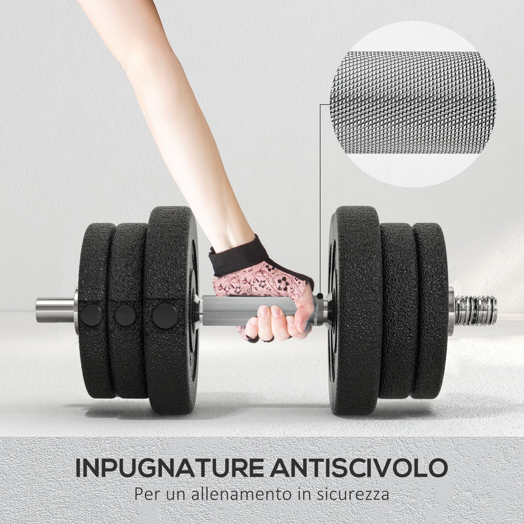 Set 2 Manubri da 25Kg Totali con 12 Dischi in Acciaio e PU Nero