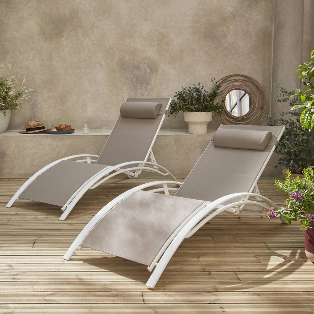 Set 2 lettini prendisole in alluminio textilene multiposizione, bianco