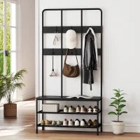 Appendiabiti da Ingresso 3 in 1 con 6 Ganci e Panca con Scarpiera, 91x36x180 cm, Nero