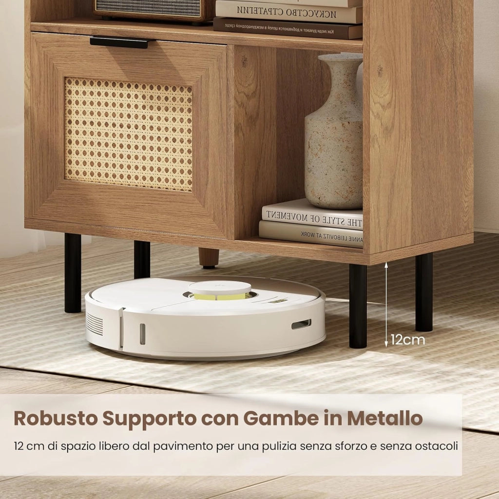 Tavolino da Salotto Boho in Rattan, Comodino con Ripiano Portaoggetti, Armadietto e Gambe in Metallo, Tavolino Versatile per Soggiorno, Camera da Letto e Ingresso