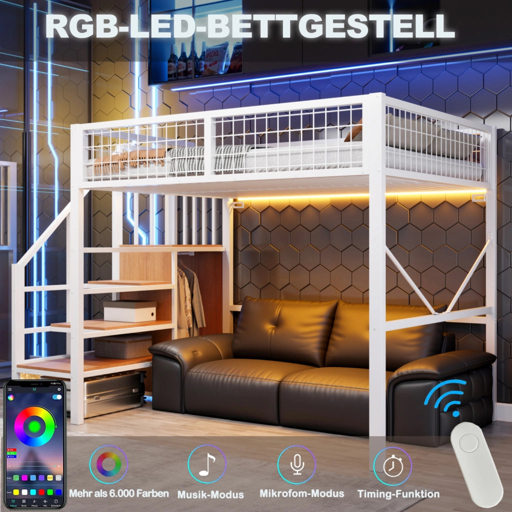 Letto a soppalco 140x200 cm con scala contenitore; LED e sponda in metallo; bianco