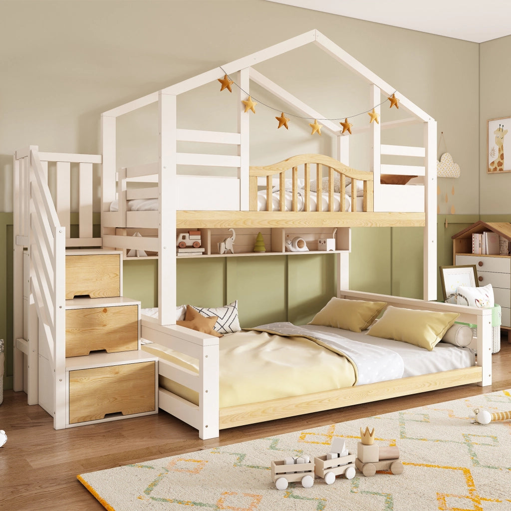 Letto a castello 90x200 cm e 140x200 cm con scala contenitore in legno bianco e colore naturale