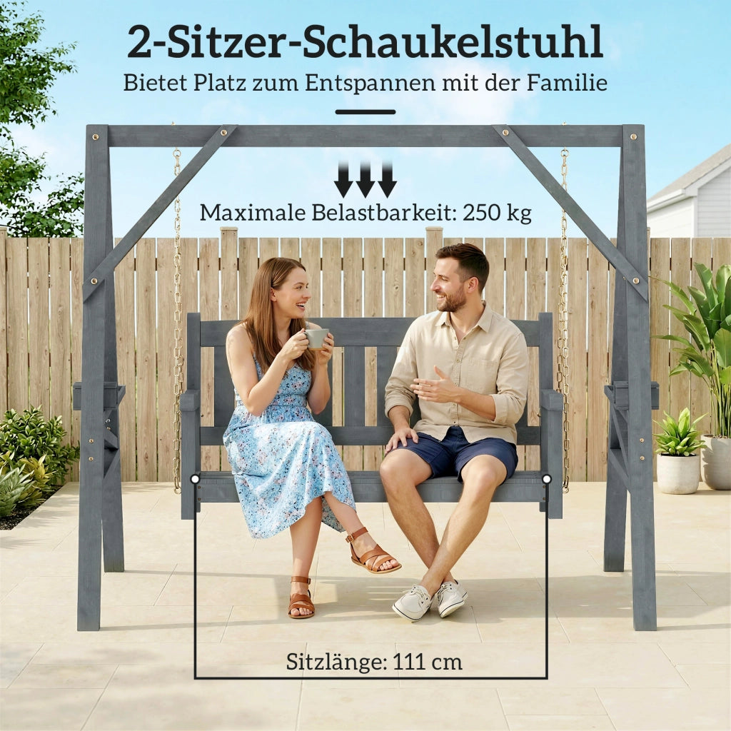 Divanetto a dondolo per giardino 2 posti con ripiani e portabicchieri ¨C zephmum ¨C Legno e metallo grigio 120x80x100 cm