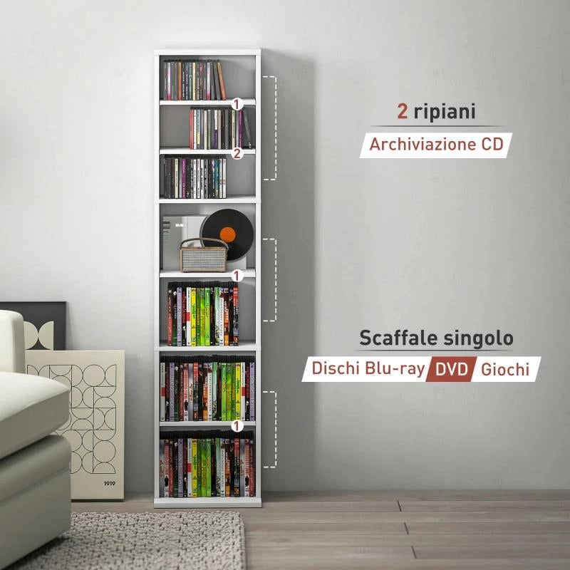 SCAFFALE PORTA CD CON 6 RIPIANI REGOLABILI, CAPACITÀ DI 260 CD/120 DVD, 33X24X140 CM, BIANCO