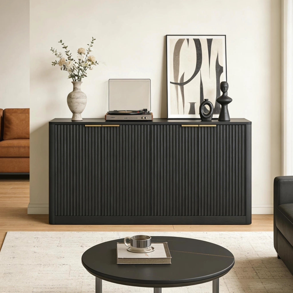 Credenza con 4 ante e vani chiusi; per soggiorno; in MDF; 150×40×70.5 cm; nera