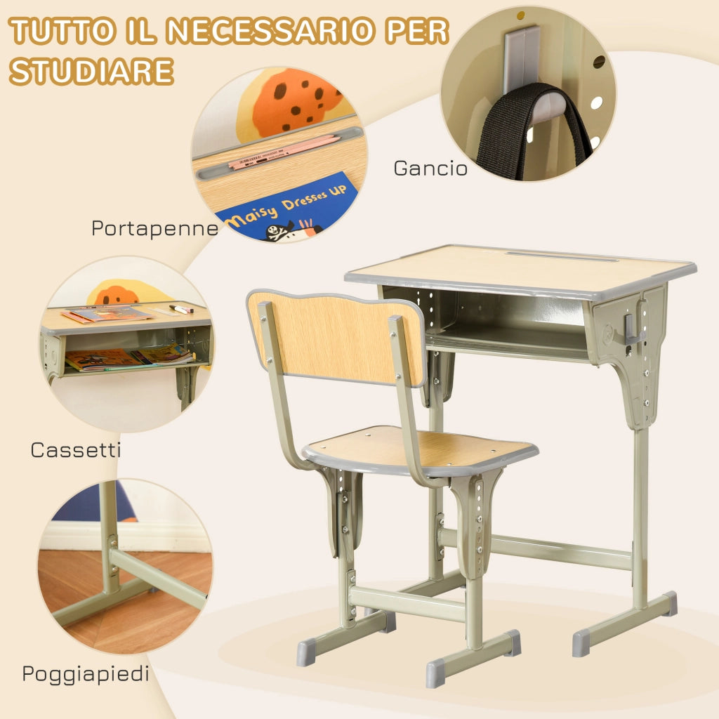 Scrivania per Bambini con Altezza Regolabile e Sedia ¨C zephmum ¨C Legno, Acciaio, MDF, 90x50x75 cm
