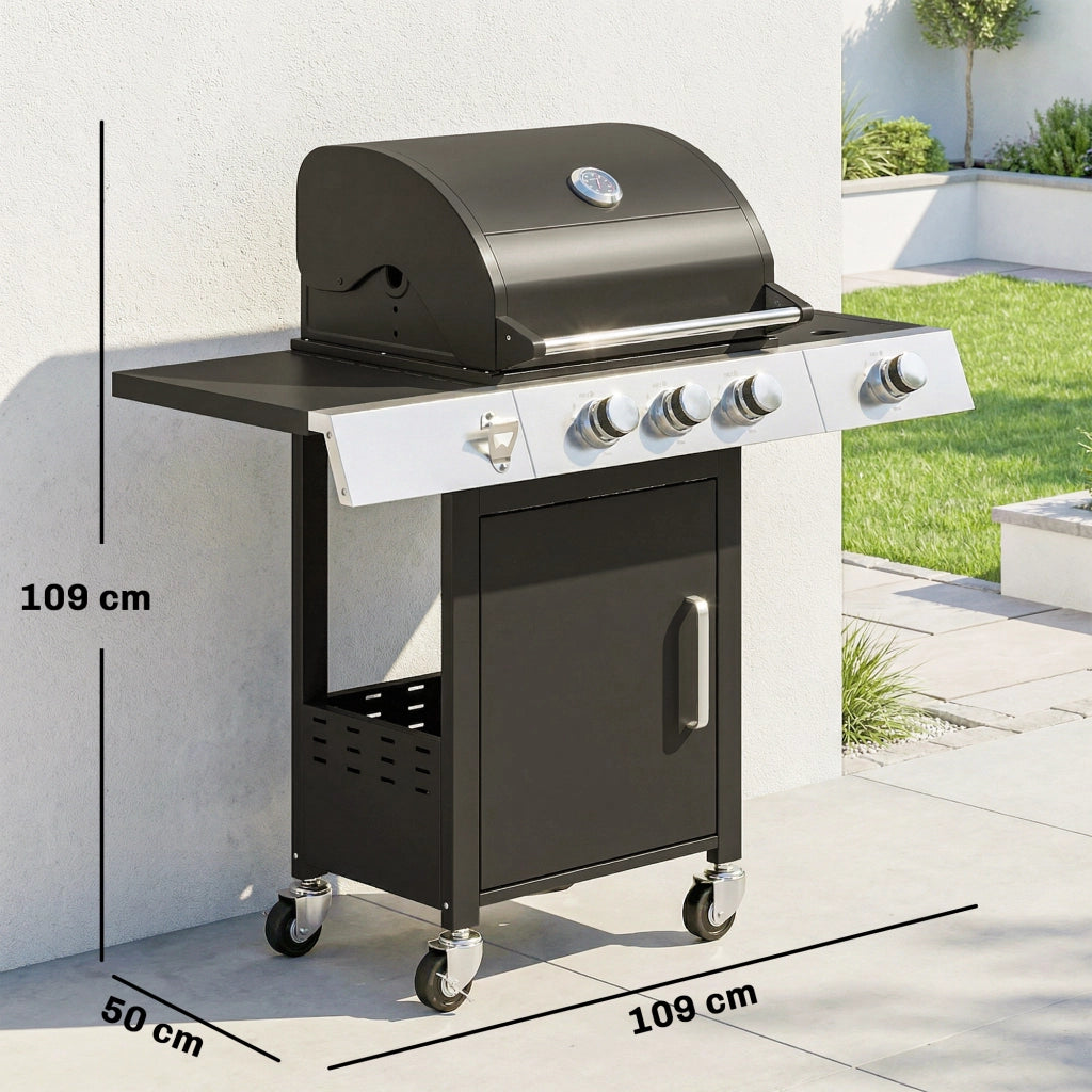 Barbecue a Gas con 3 Fuochi e Bruciatore Laterale, 109x50x109 cm, Nero