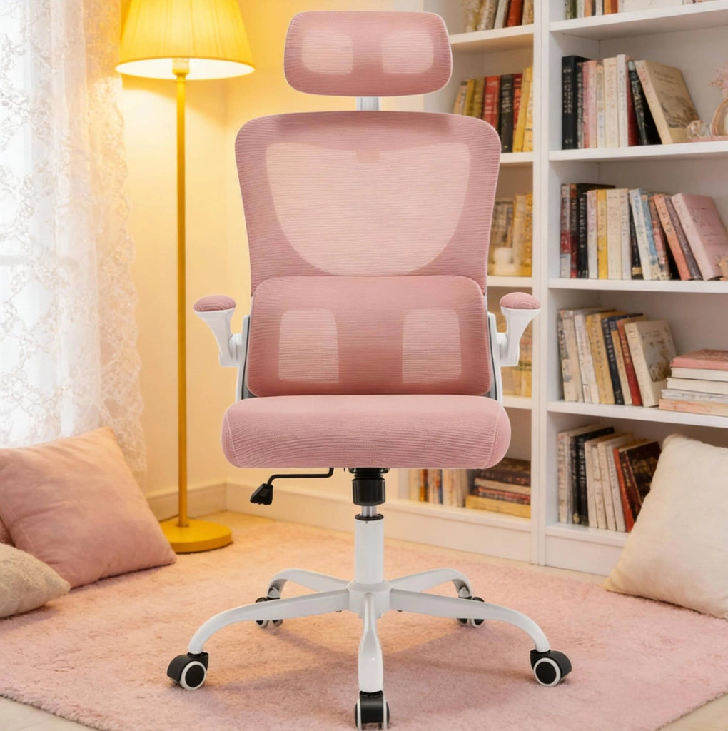 Sedia da ufficio ergonomica rosa con rete, poggiatesta e funzione dondolo