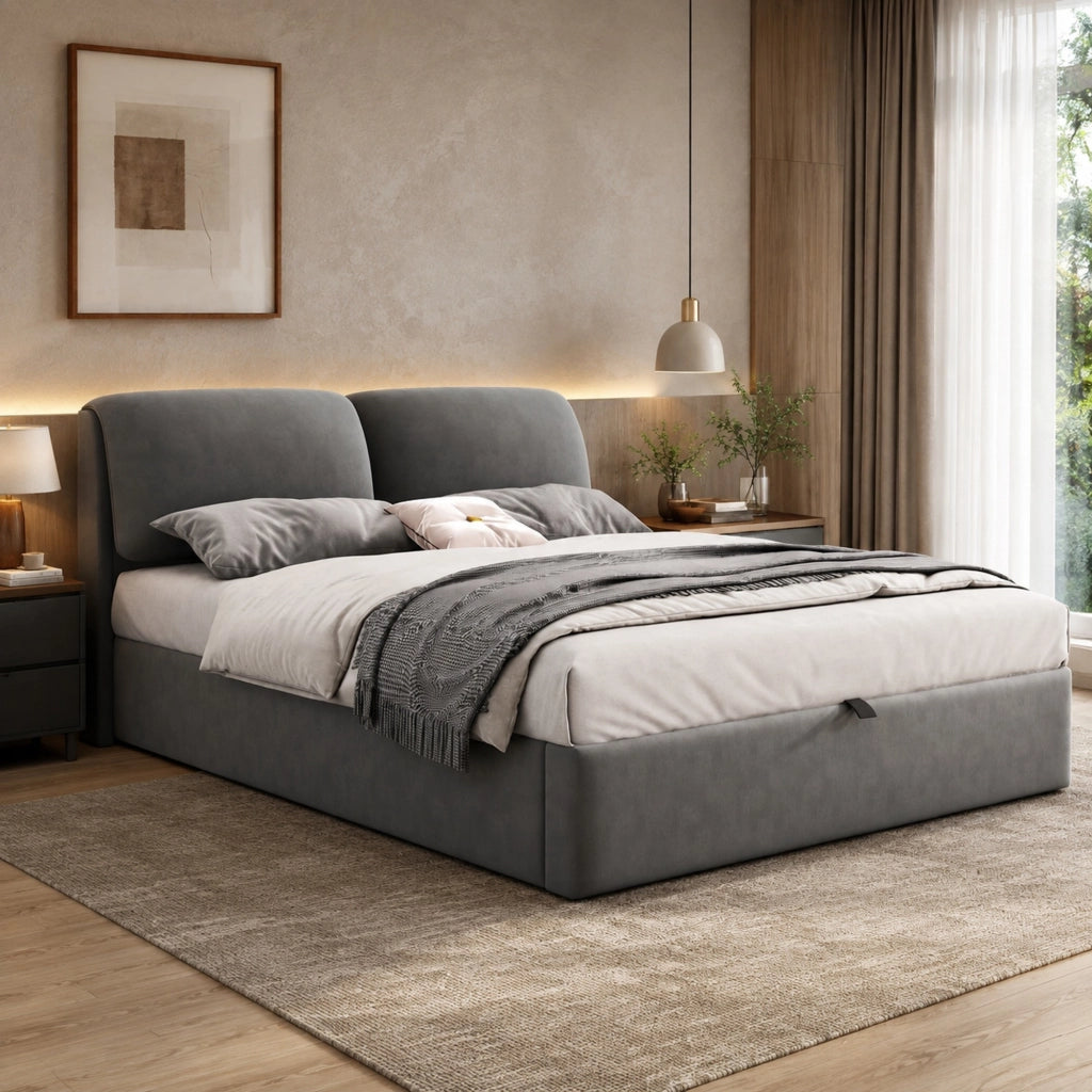 Letto imbottito 140x200 in velluto grigio con 3 cassetti, contenitore idraulico, rete a doghe e testiera regolabile