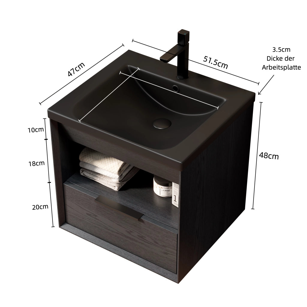 Mobile sottolavabo da bagno con lavabo integrato, cassetto e ripiano aperto, per bagno, nero e rovere scuro, 59 × 55 × 63 cm
