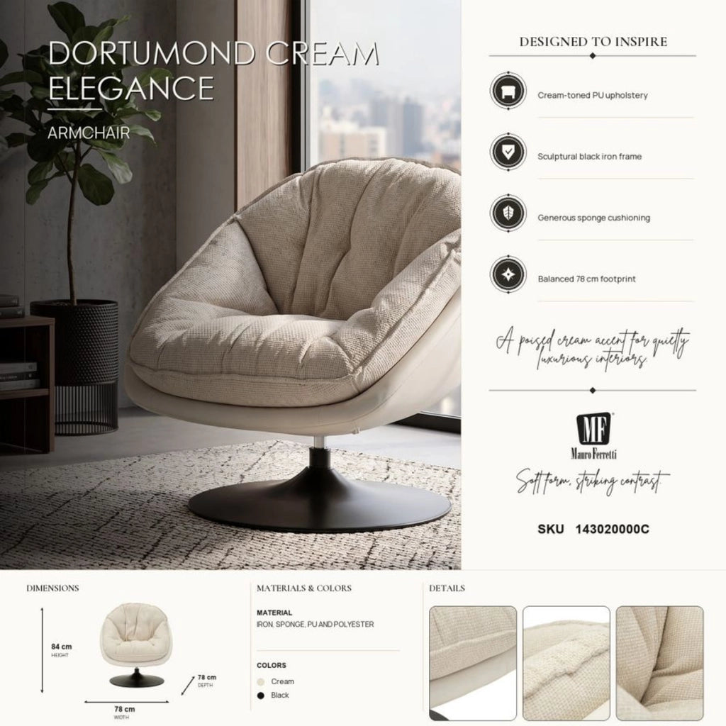 Poltrona girevole in tessuto crema con base nera