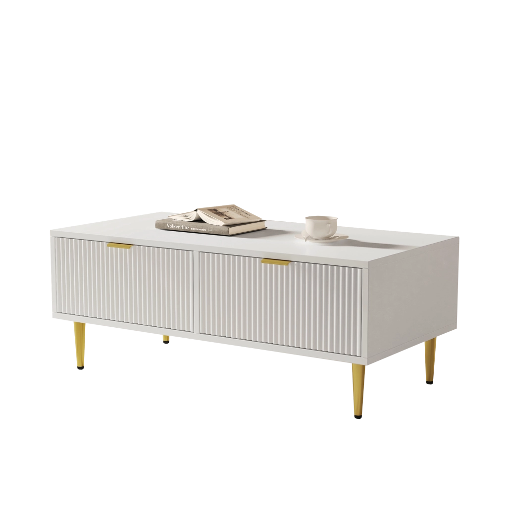 Tavolino basso con 2 cassetti e finitura a strisce verticali per soggiorno in MDF, bianco e oro, 100 × 50 × 40 cm