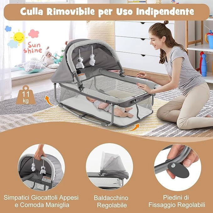 Lettino da Campeggio con Materasso, Lettino Pieghevole per Bambini con Fasciatoio, Culla da Viaggio con Ruote, Giocattolo, Lettino Bambini Staccabile, per Bambini 0-36 Mesi (Grigio)
