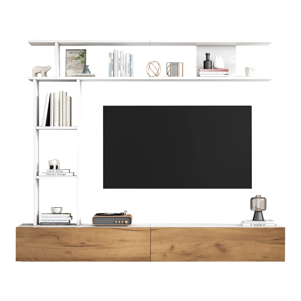Mobile TV da parete o da terra con mensole e vani aperti 180 cm; bianco e rovere
