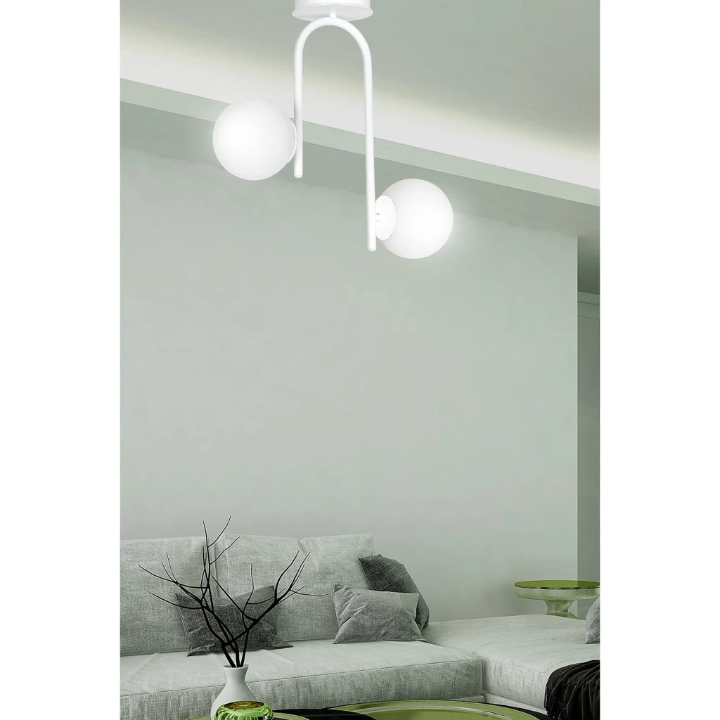 Lampadario 2 Luci Rama In Acciaio Bianco A Bracci E Sfere In Vetro Opalino