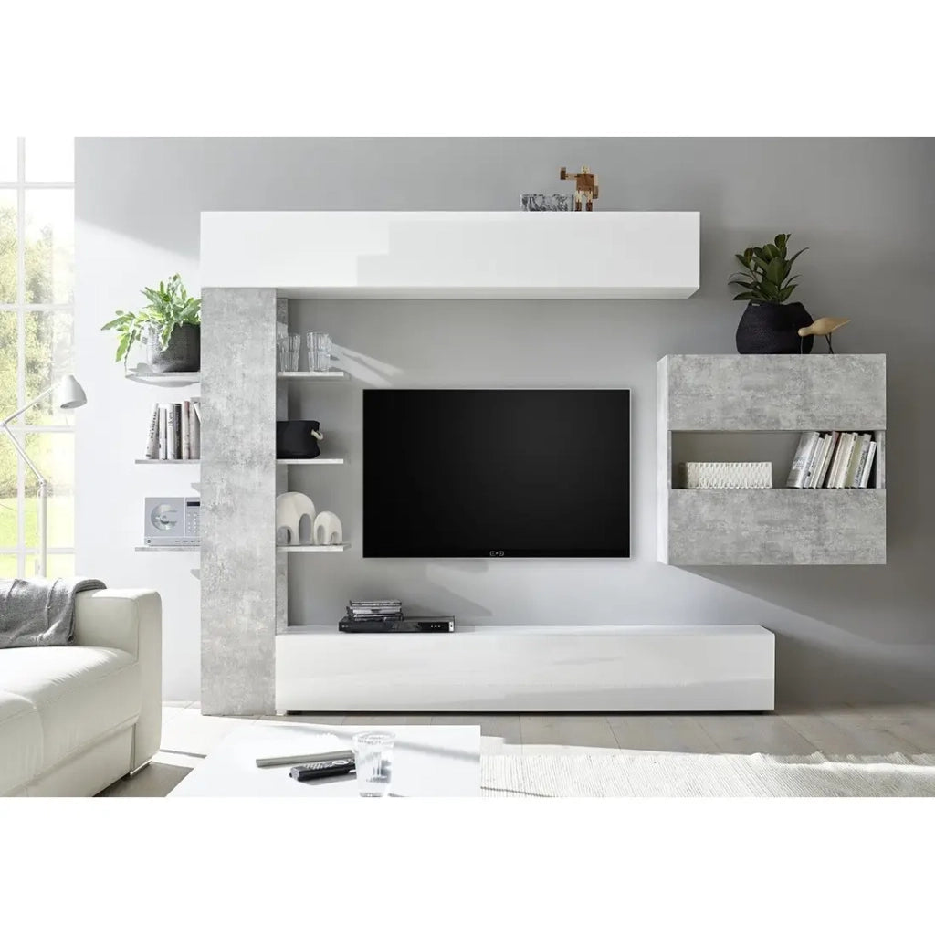 Set di mobili da soggiorno con contenitori, collezione VASCO, bianco lucido/grigio effetto cemento