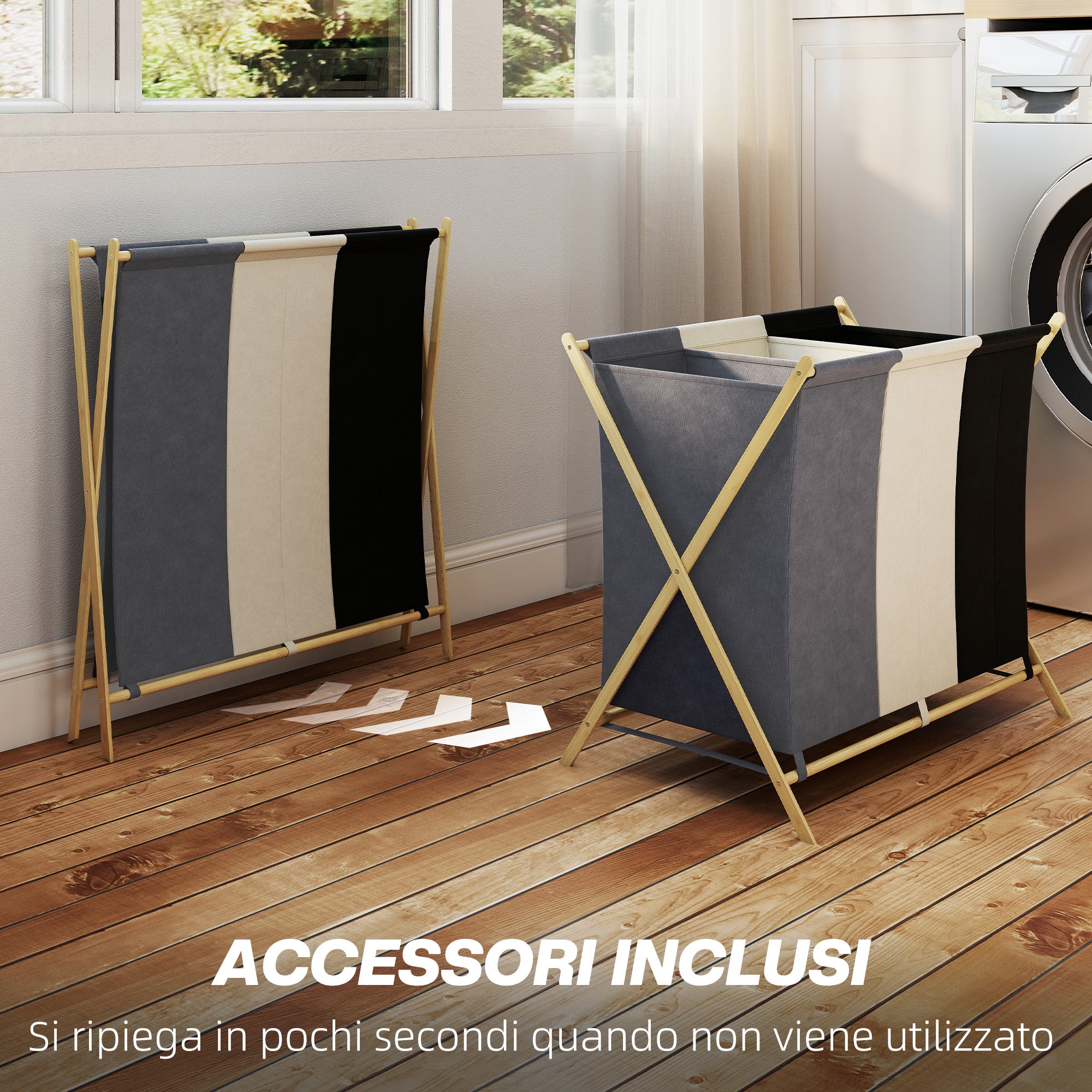 Cesto Portabiancheria Pieghevole 75x48x67 cm a 3 Scomparti in Bambù e Tessuto Effetto Lino Multicolore