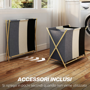 Cesto Portabiancheria Pieghevole 75x48x67 cm a 3 Scomparti in Bambù e Tessuto Effetto Lino Multicolore
