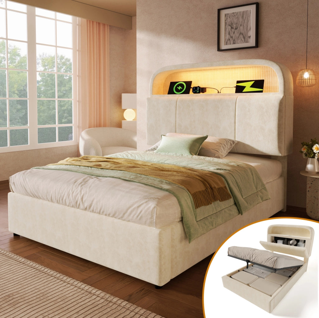 Letto imbottito 90x200 beige con contenitore, LED e USB/Type-C