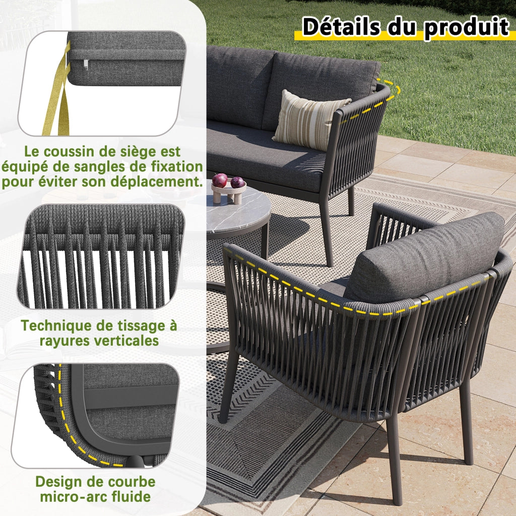 Mobili da Giardino con 2 Divani; 1 Poltrona; 1 Divano Angolare e 2 Tavoli; Metallo e Olefin; Grigio