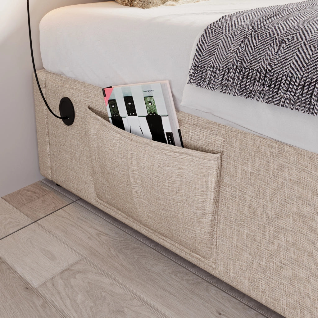 Letto matrimoniale imbottito con porta USB 160x200 cm lino beige naturale