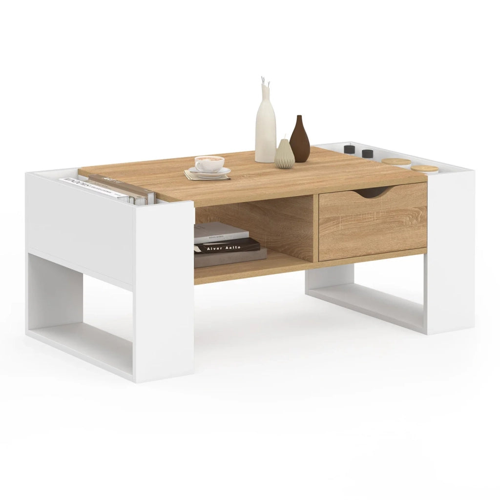 IDMarket - Tavolino rettangolare BERYL con cassetto in legno bianco e effetto faggio