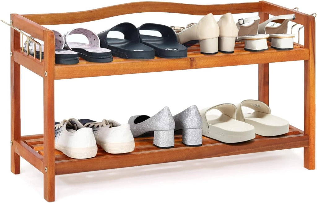 Scarpiera a 2 Livelli, Scaffale per Scarpe in Legno di Acacia Solido con Ganci Laterali in Metallo, Contiene 12 Paia, Capacità di Ogni Ripiano 20 kg, 74 x 26 x 42 cm (3 Livelli)